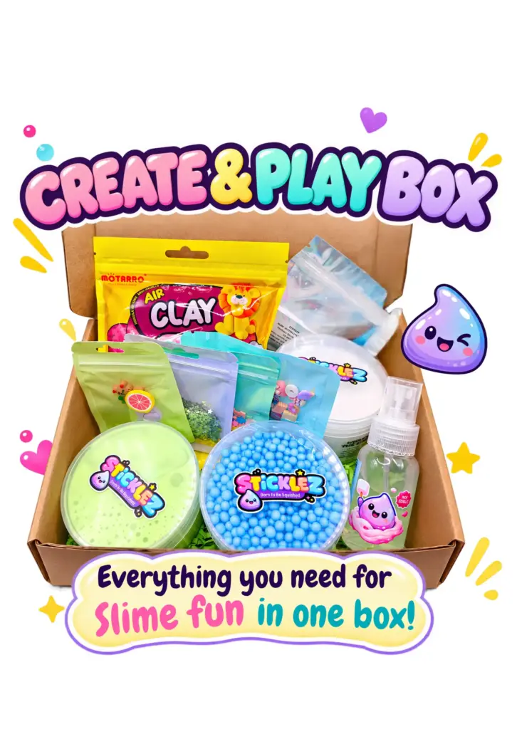 Create and Play Box: slime, floam beads, clay, charms, sprinkles and activator, everything for slime fun in one box